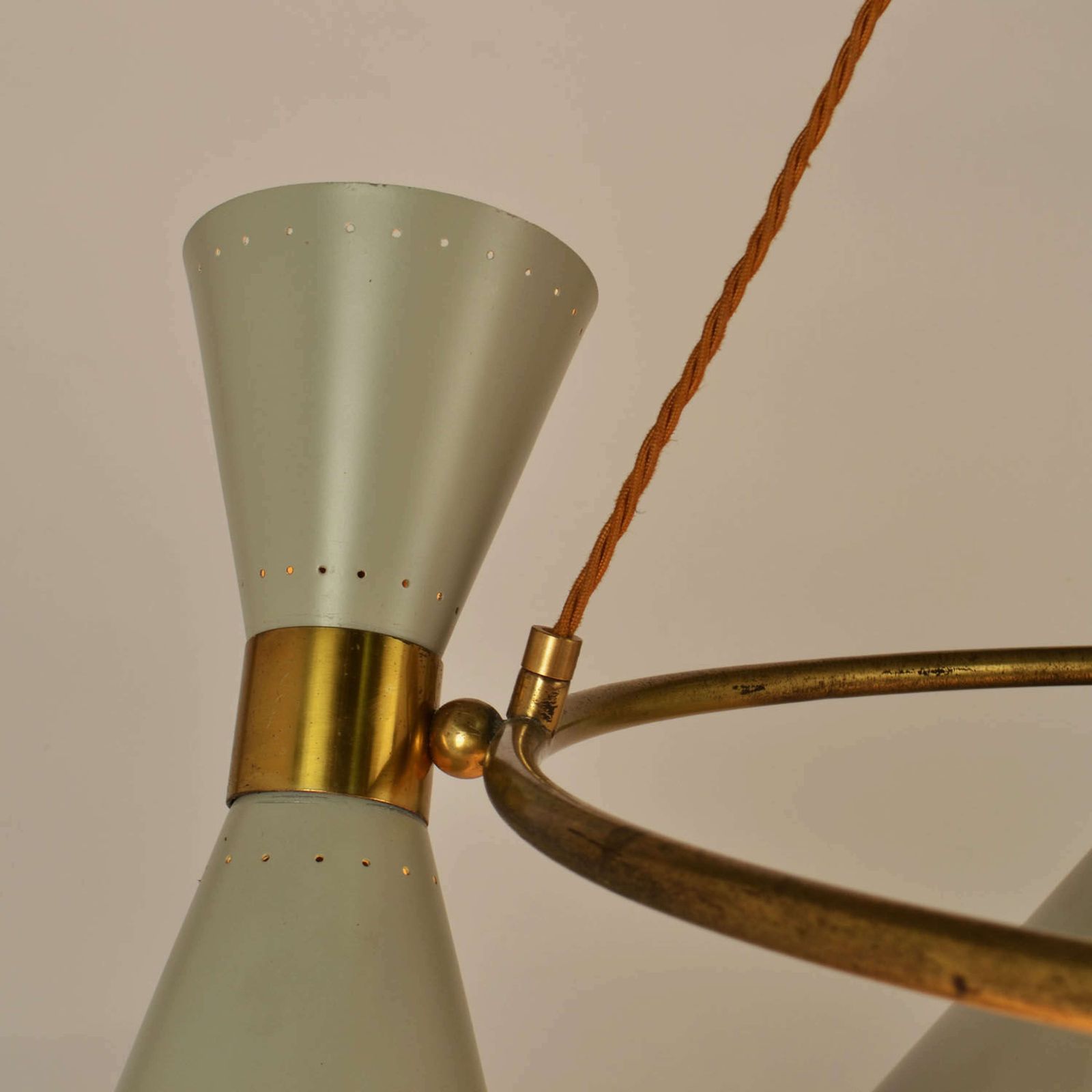 photo for sale 1950s Diabolo, Hourglass Chandelier Stilnovo Era, Grey Metal & Brass