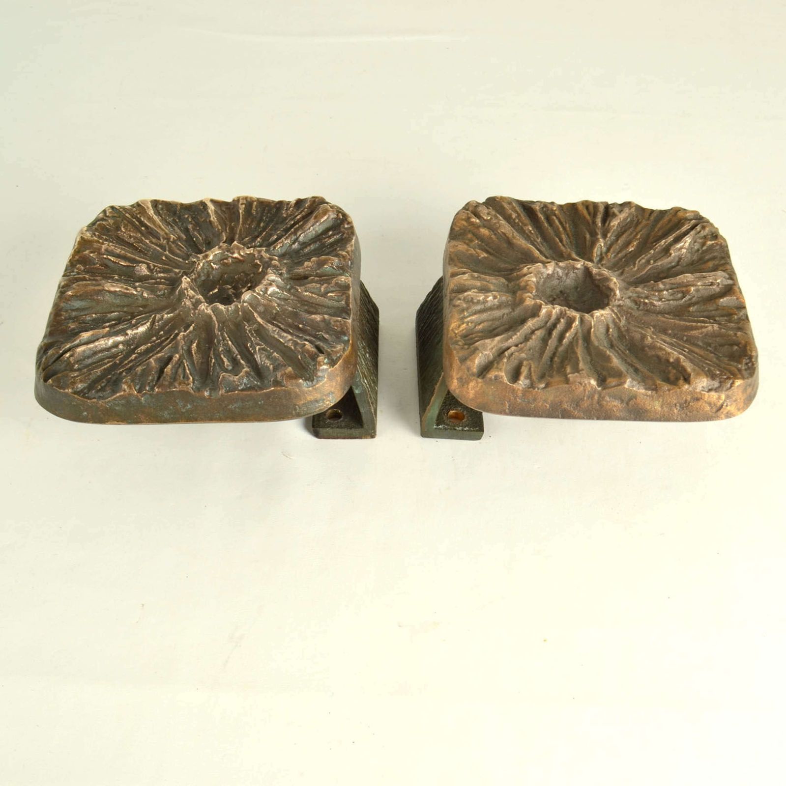 Brutalist Pair Of Bronze Square Push Pull Door Handles Flower Relief photo for sale