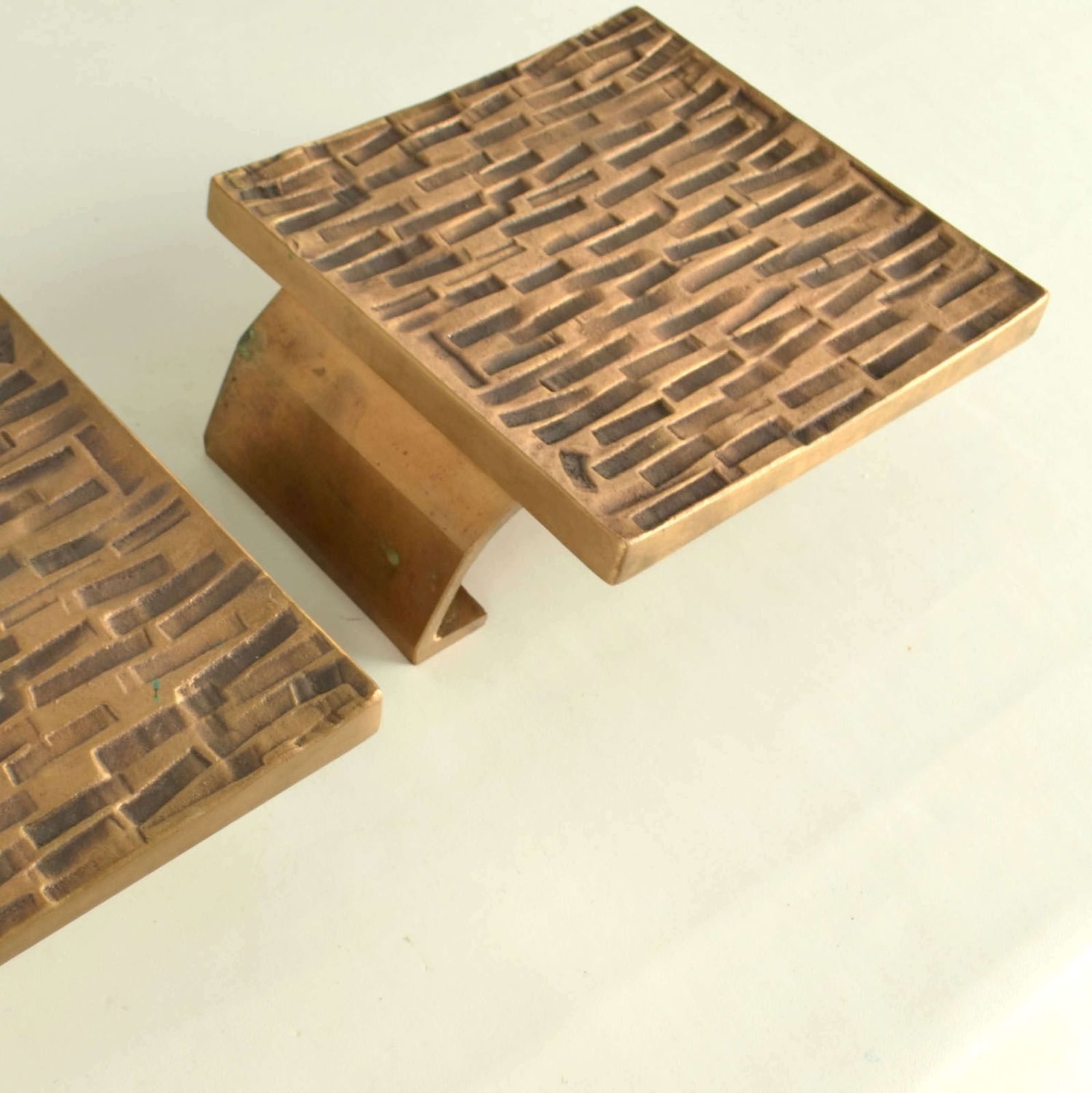 Brutalist Bronze Square Push Pull Door Handles With Embossed Relief photo furniture