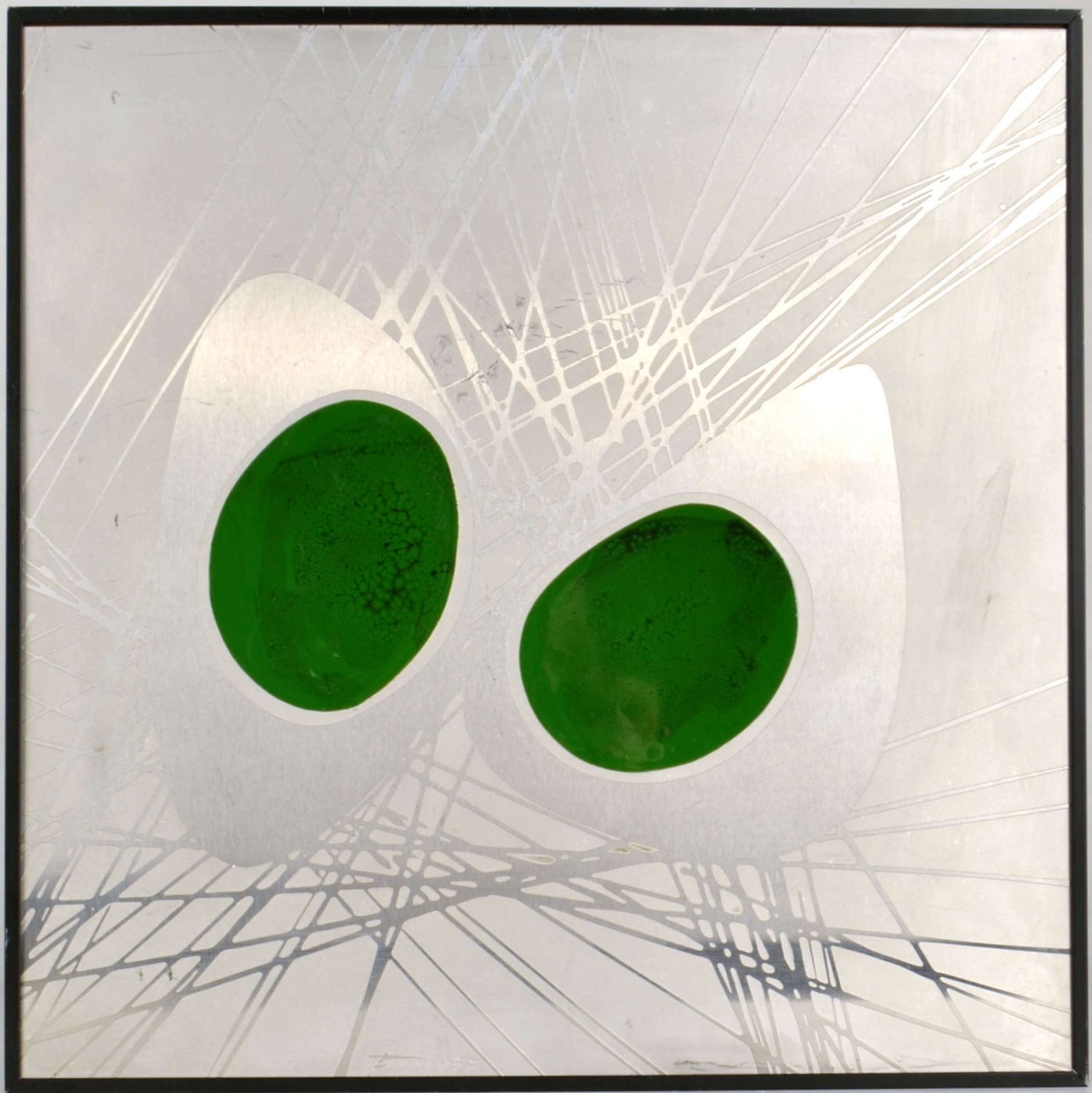photo for sale Metal Etched Abstract Painting With Green Enamel, Dutch 1970's