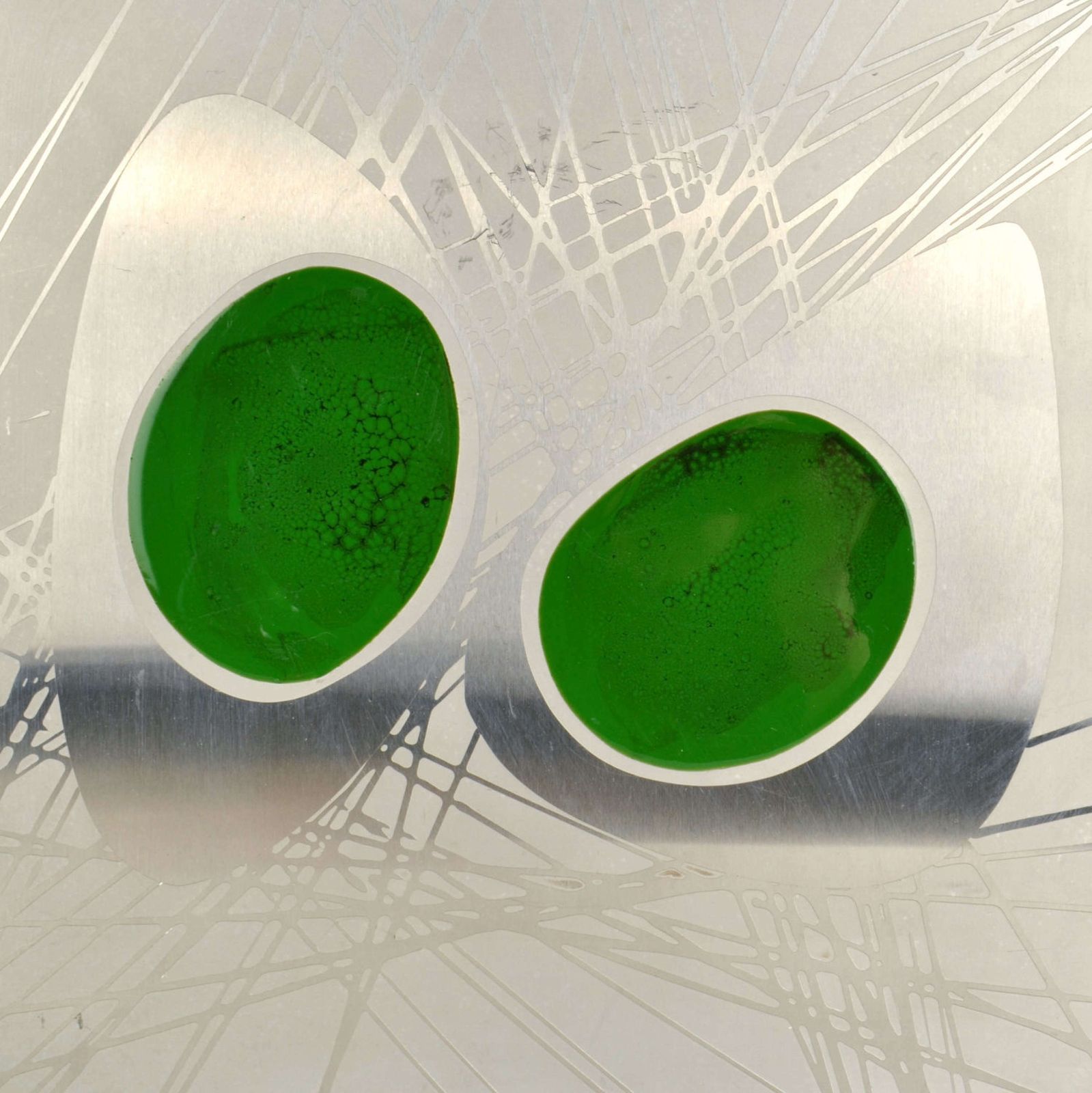 Art Metal Etched Abstract Painting With Green Enamel, Dutch 1970's photo