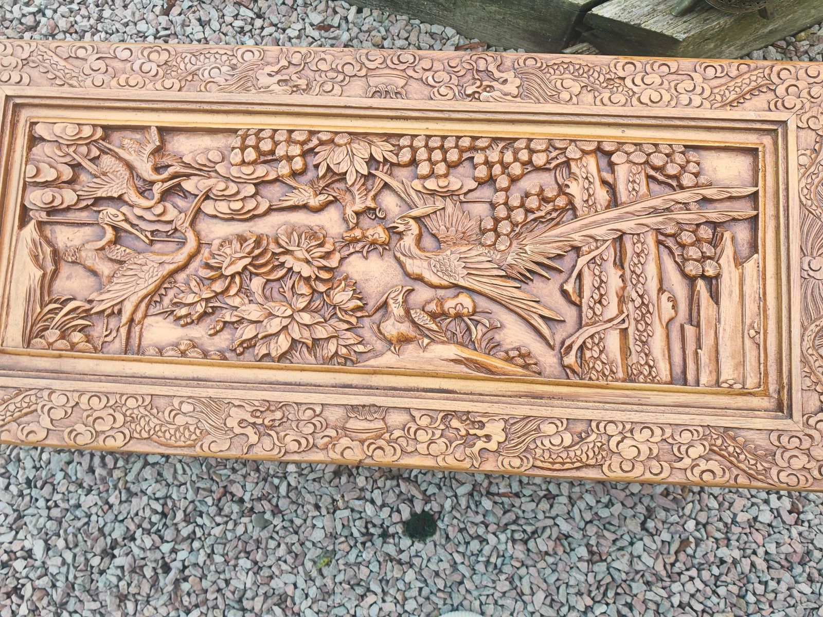 Carved Vinted Oriental Teak Wood Coffee Table Glass Top