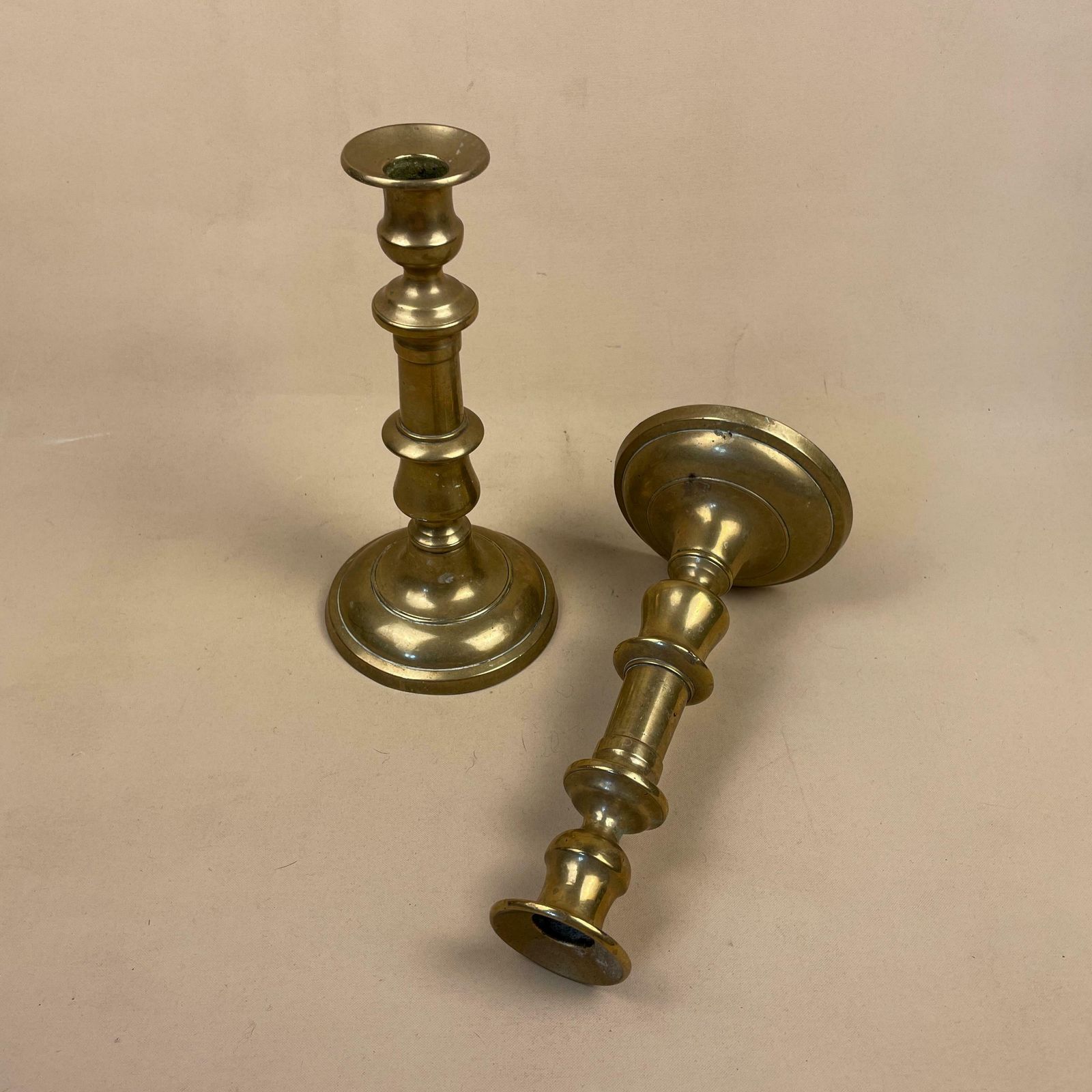 Antique Matching Pair Of Gold Brass Metal Candlestick Candle Stick Vintage Column Taper Dinner Candlesticks Chunky Round Base photo furniture