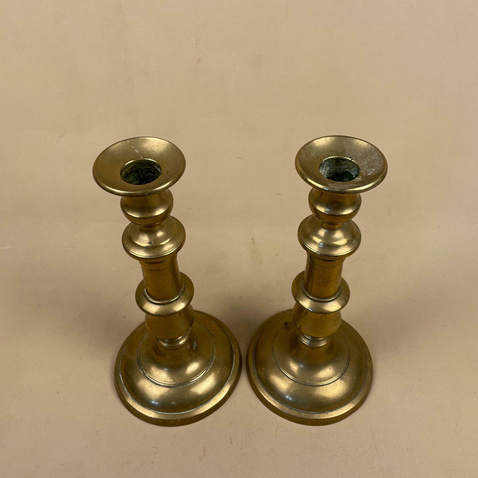 Antique Matching Pair Of Gold Brass Metal Candlestick Candle Stick Vintage Column Taper Dinner Candlesticks Chunky Round Base photo for sale