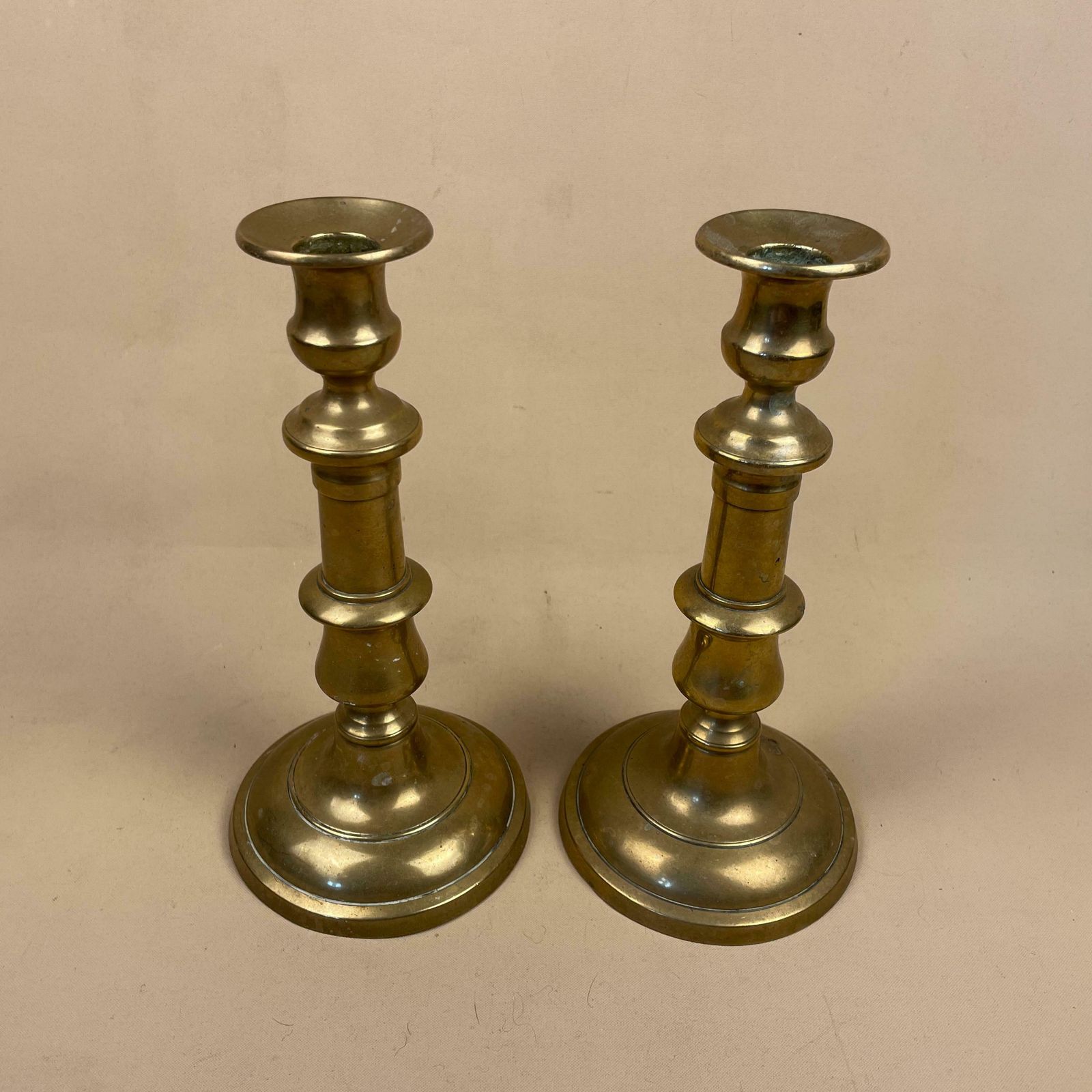 Antique Matching Pair Of Gold Brass Metal Candlestick Candle Stick Vintage Column Taper Dinner Candlesticks Chunky Round Base photo buy
