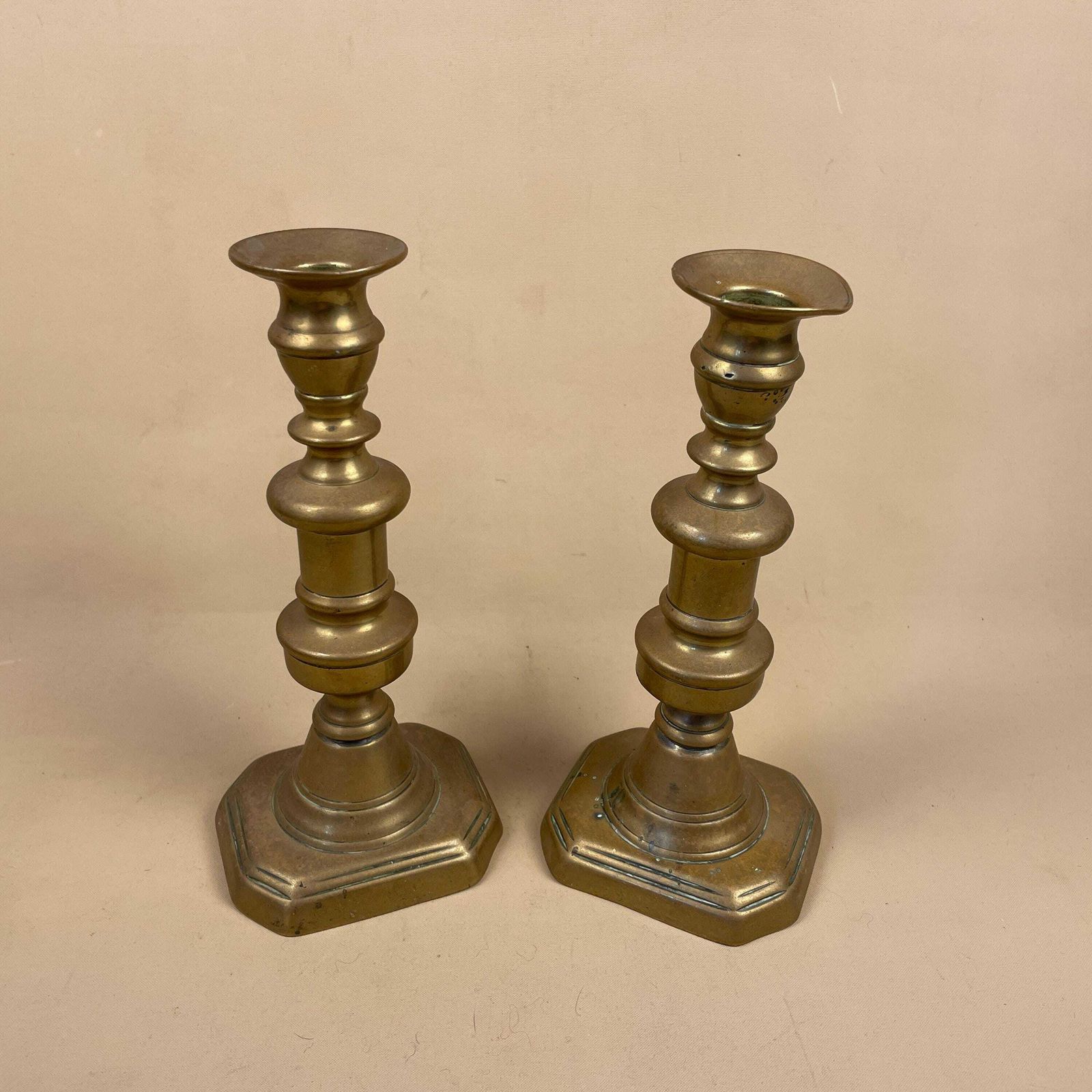 Antique Matching Pair Of Gold Brass Metal Candlestick Candle Stick Vintage Column Taper Dinner Candlesticks Chunky Rectangle Base