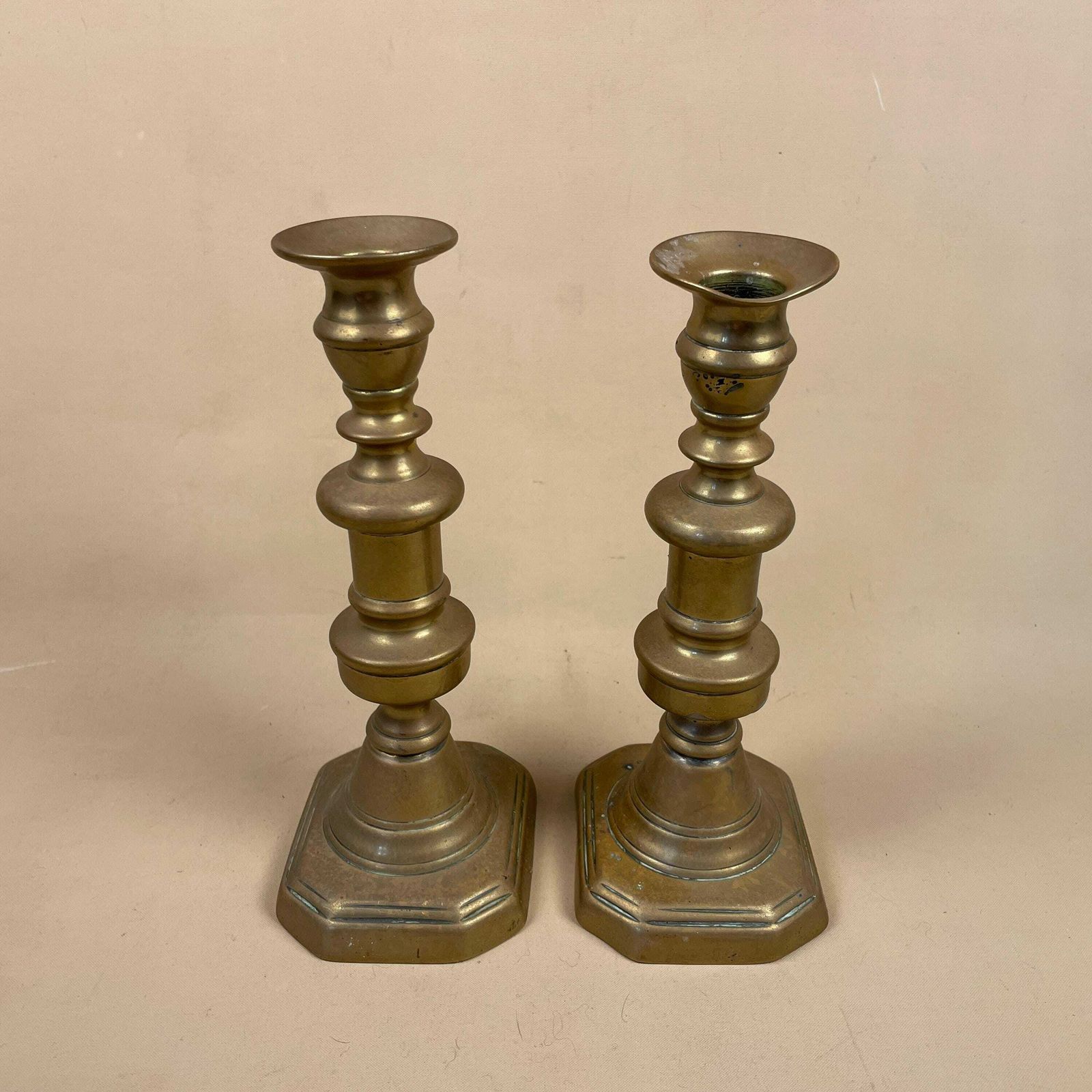 Antique Matching Pair Of Gold Brass Metal Candlestick Candle Stick Vintage Column Taper Dinner Candlesticks Chunky Rectangle Base photo buy