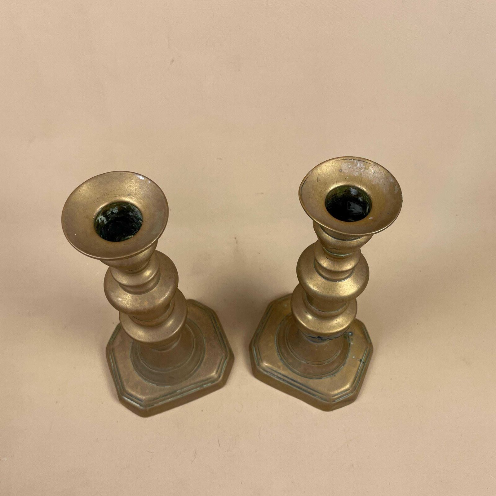 Antique Matching Pair Of Gold Brass Metal Candlestick Candle Stick Vintage Column Taper Dinner Candlesticks Chunky Rectangle Base photo vintage