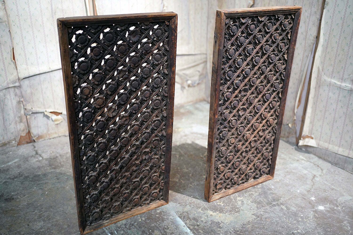 A Rare Pair Of Yuan Dynasty Period Chinese Wooden Lattice Window Shutters C.1350 photo vintage