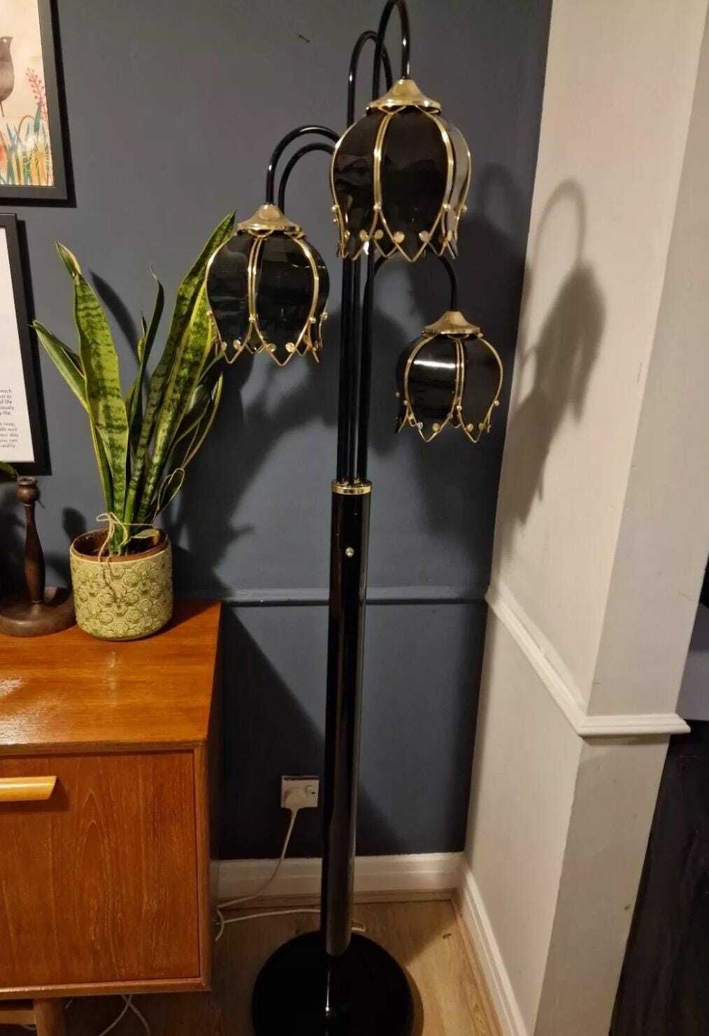 Tall Vintage Hollywood Regency Style Floor Standing 5 Stem Black Lotus Lamp With Striking And Rare Black Shades