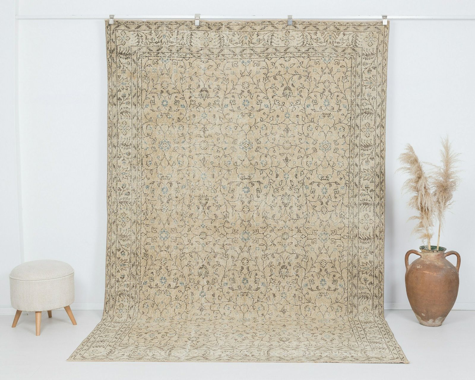 Neutral Turkish Rug, 7x10 Vintage Rug, Low Pile Rug, Floral Rug, Anatolian Rug, Area Rug, Living Room Rug, Antique Rug, Handmade Rug, A4036 photo furniture