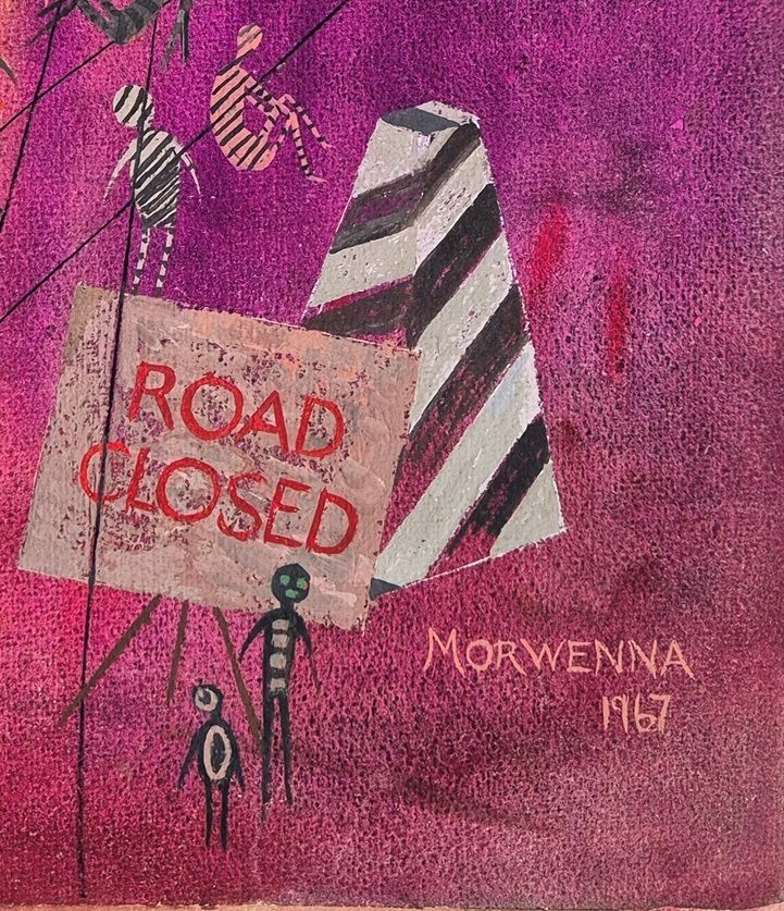 Interesting Quirky Painting In Gouache From 1967 By Morwenna   Wait, Road Closed (Unframed) Modern British Art photo furniture