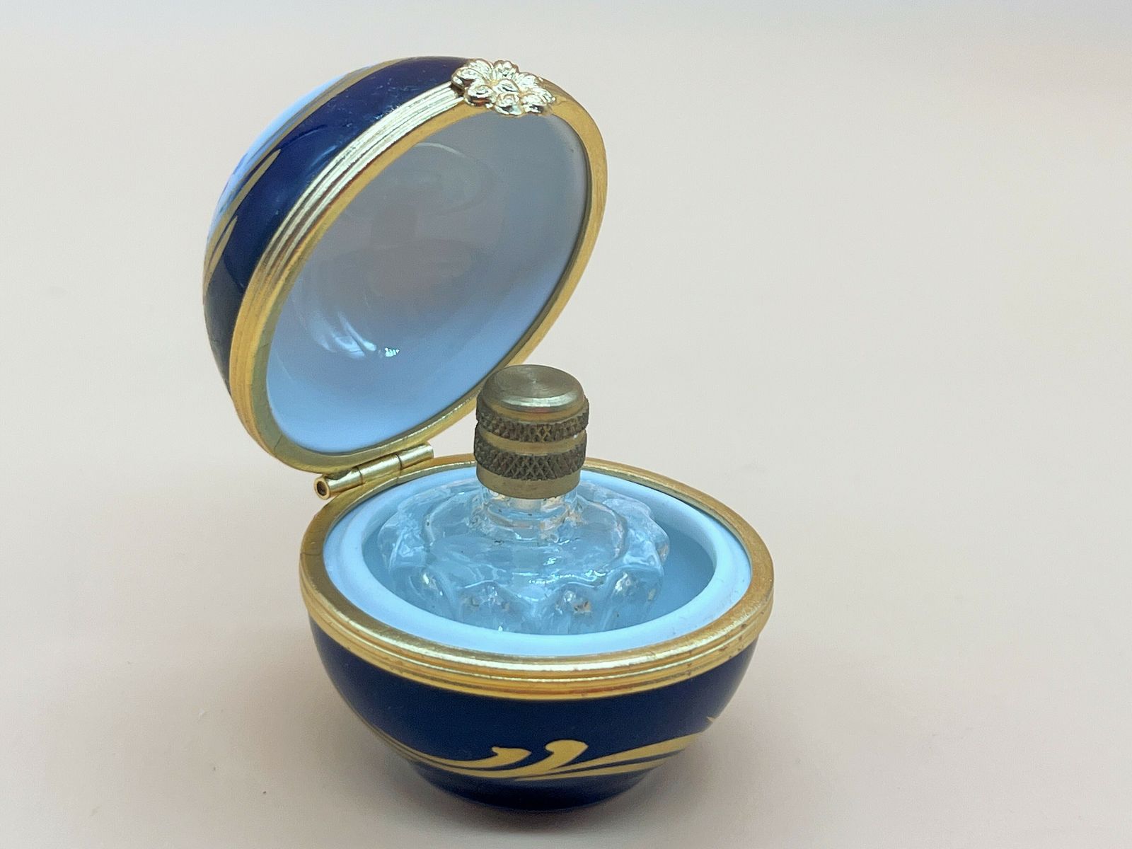 Limoges Dubarry Porcelain Small Floral Spherical Box With Internal Glass Perfume Bottle.