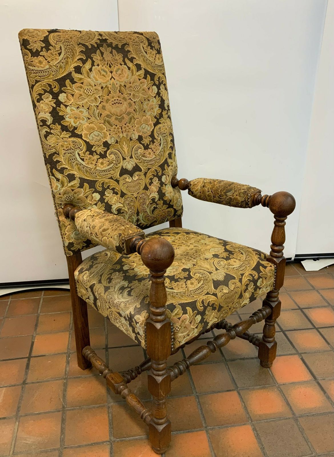 Antique Dutch Oak Wood Tapestry Arm Chair
