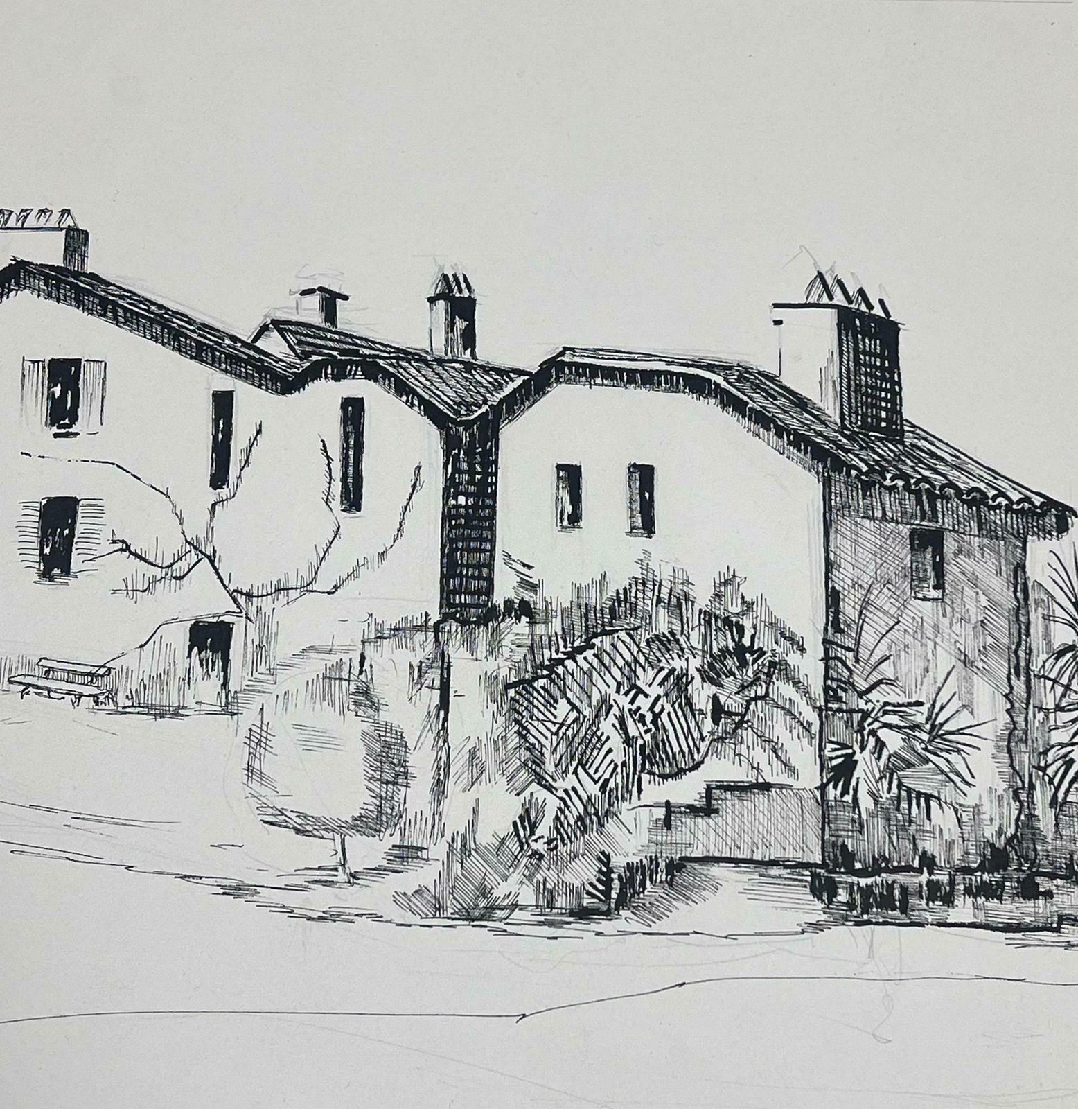 Bernard Labbe1950's Modernist Painting Black And White Courtyard Landscape1950's photo Art