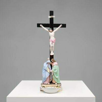 Holy Water Font In Porcelain With Crucifix From Vieux Andenne, Belgium, 20th Century