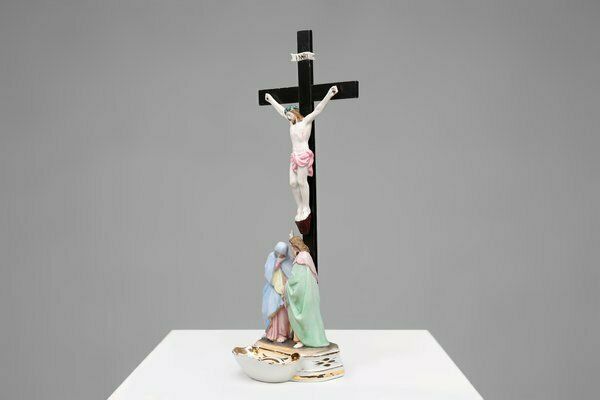 Holy Water Font In Porcelain With Crucifix From Vieux Andenne, Belgium, 20th Century photo vintage