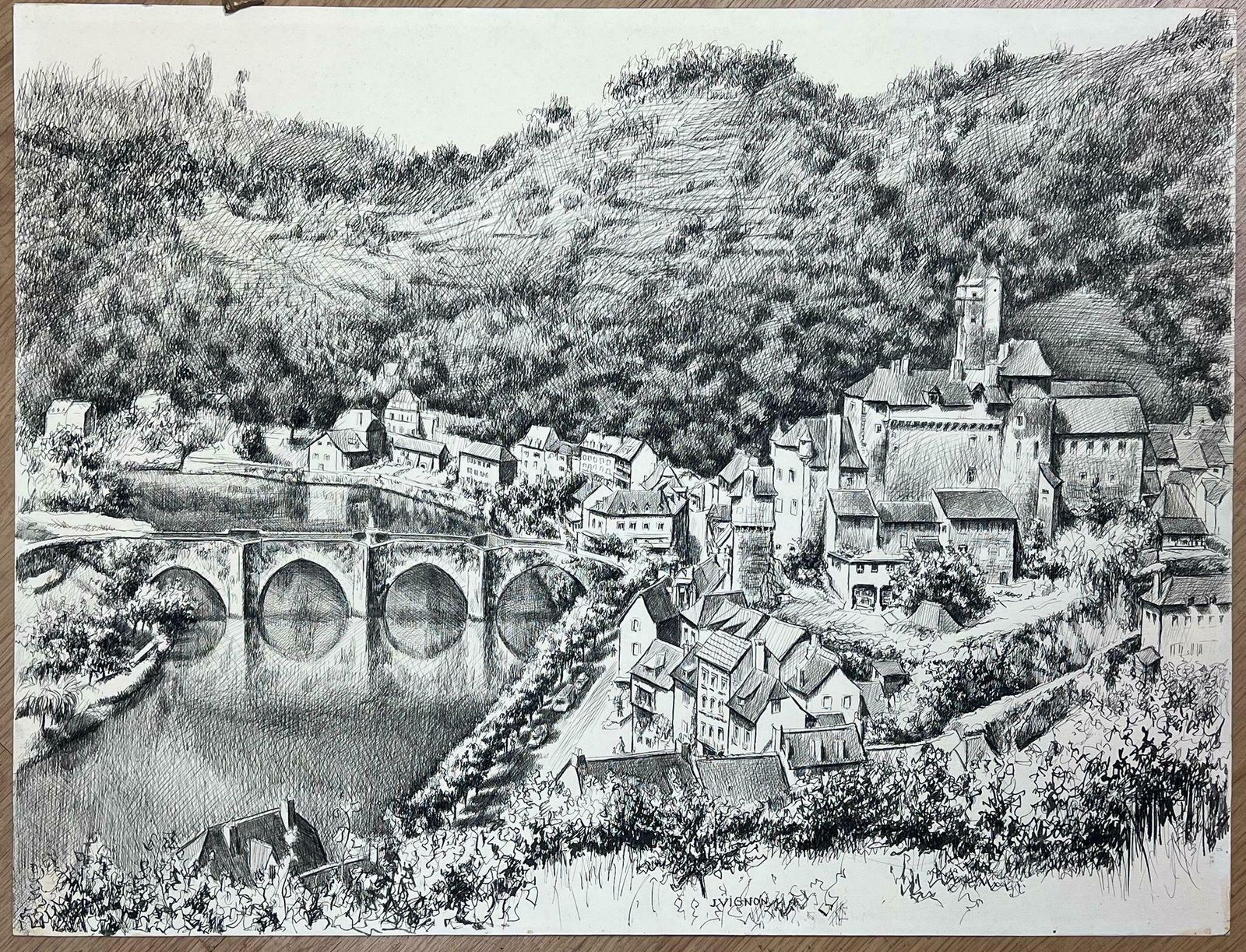Josine Vignon1950s Post Impressionist Landscape Black & White Drawing, Estaing Aveyron France1950s photo Art