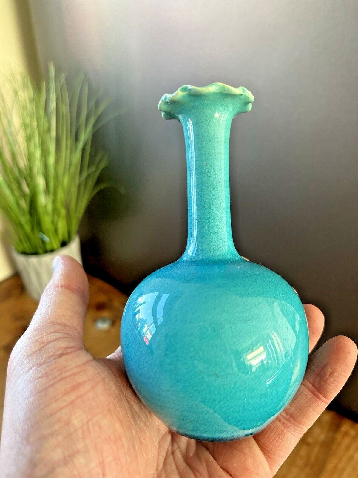 Antique Arts & Crafts Burmantofts Art Pottery Turquoise Blue Faience Bud Vase photo vintage