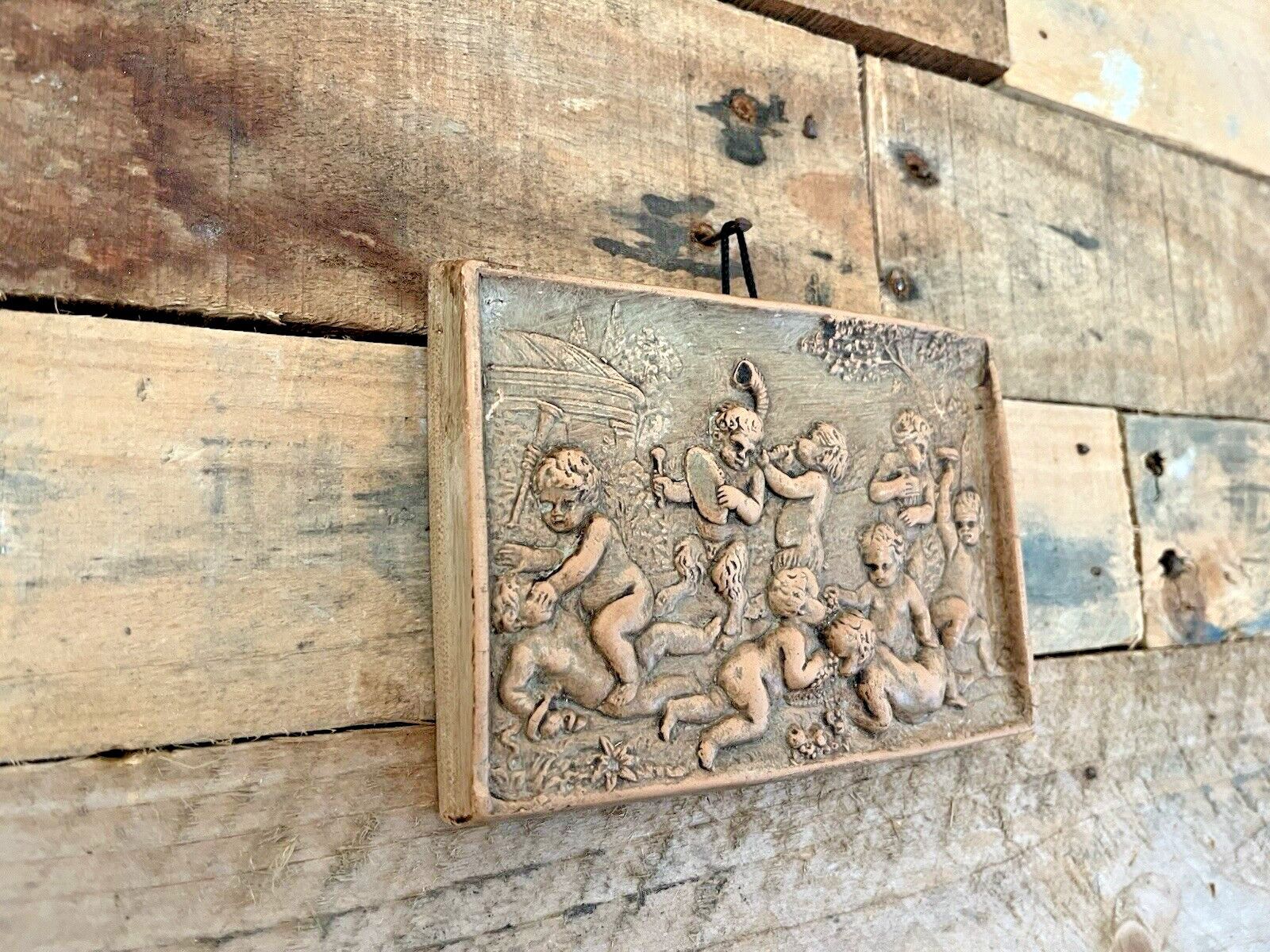 Italian Pottery Bacchanalian Mythical Cherub Putti Grape Vine Relief Wall Plaque photo for sale