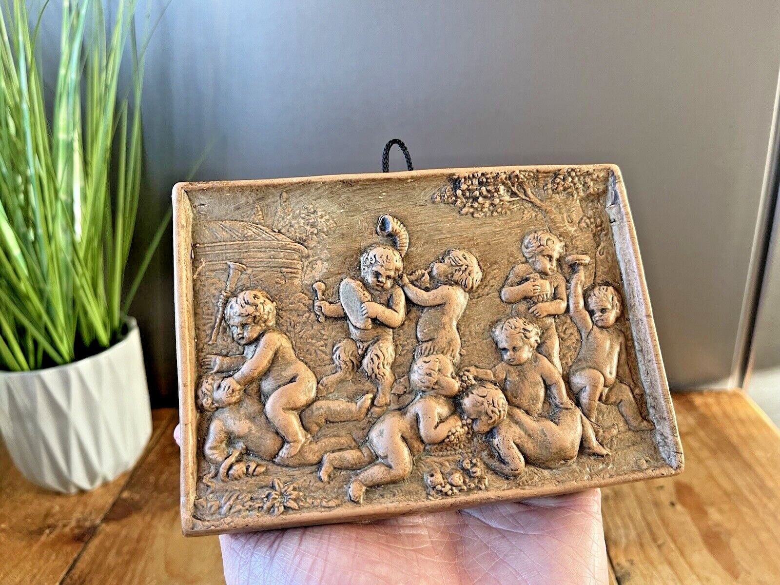 Italian Pottery Bacchanalian Mythical Cherub Putti Grape Vine Relief Wall Plaque photo buy