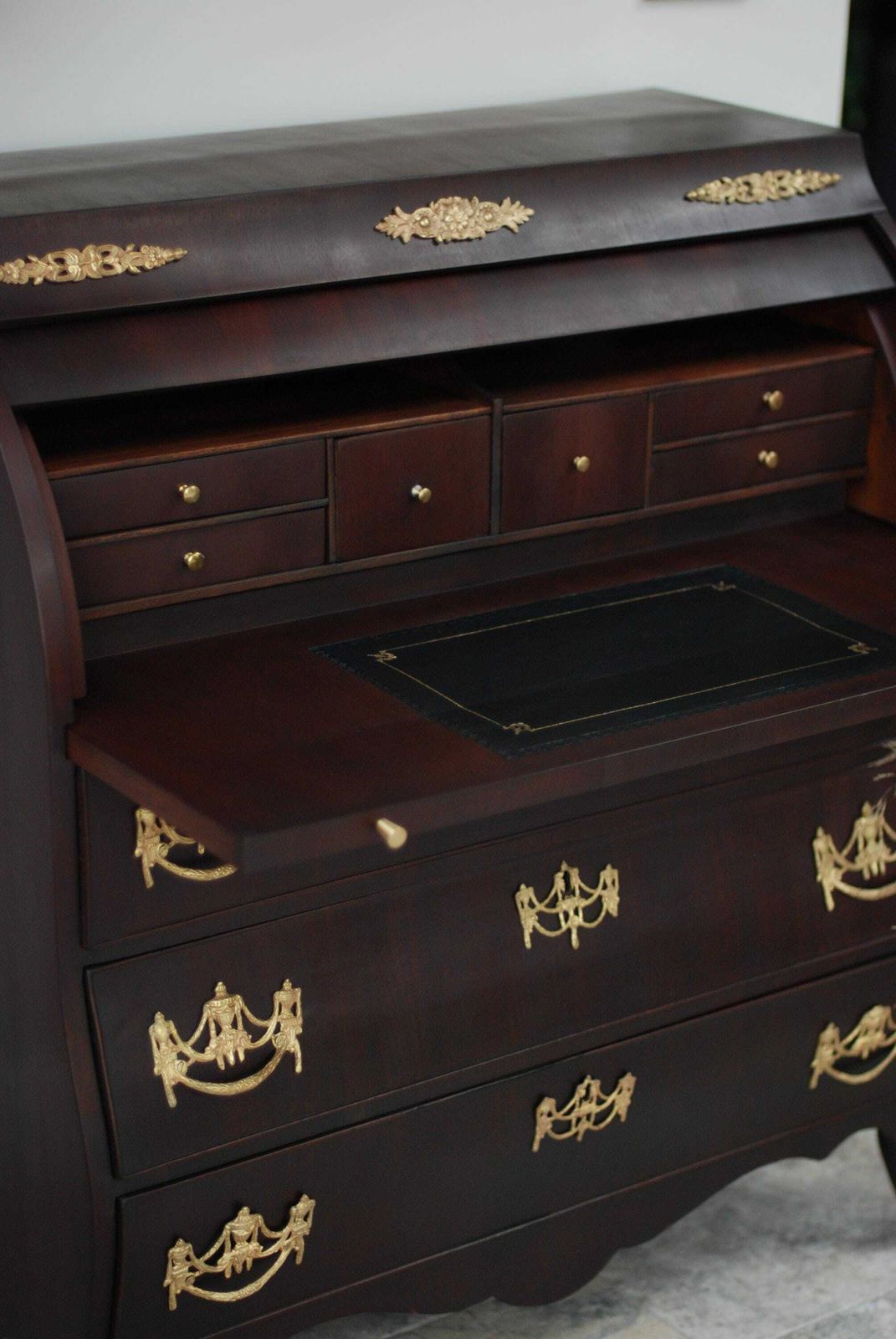 Antique Dutch Bombe Style Mahogany Cylinder Secretary Desk photo vinterior