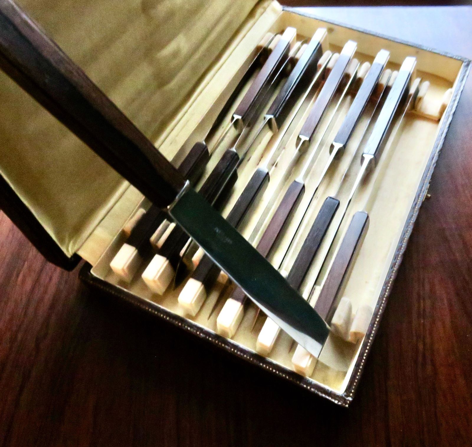 Set Of 12 Art Deco Knives With Exotic Wood And Ivory Handles. France 1940 photo buy