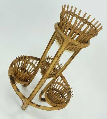 Mid Century Tiki Plant Stand In Bamboo Rattan, 1950s photo furniture