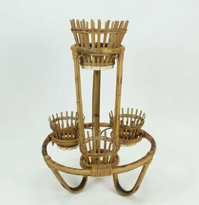 Mid Century Tiki Plant Stand In Bamboo Rattan, 1950s