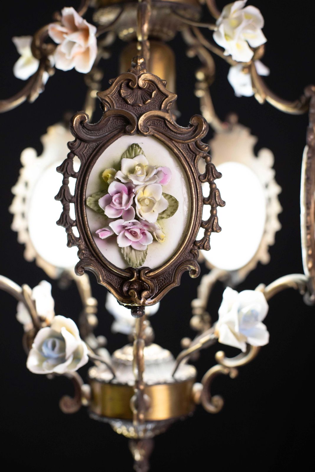 Charming Vintage Art Nouveau Style Italian Ceramic Flower Chandelier, 1970 photo vintage
