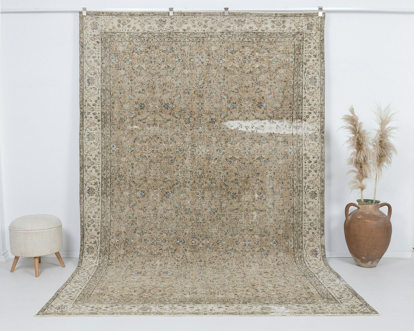 7 X 10.7 Feet Neutral Vintage Rug, Turkish Rug, Low Pile Oushak Rug, Anatolian Rug, Oversized Rug, Neutral Rug, Living Room Rug, Antique Rug