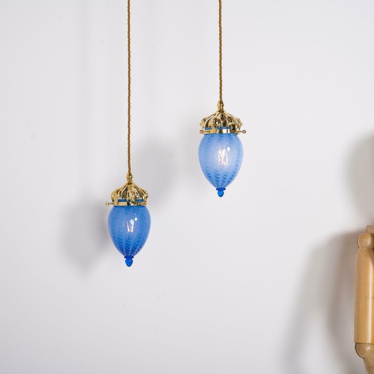 Art Nouveau Style Polished Brass & Blue Swirl Vaseline Glass Acorn Shades photo 325.0