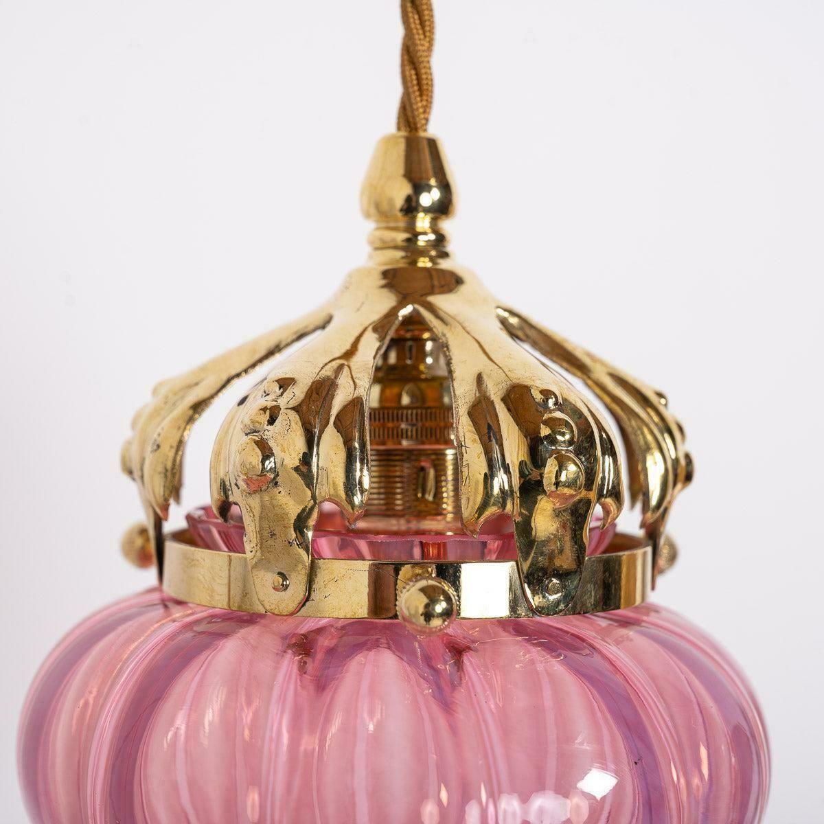 Cranberry Pink Vaseline Glass Drop Shade With Polished Brass Arts & Crafts Style Galleries photo vintage