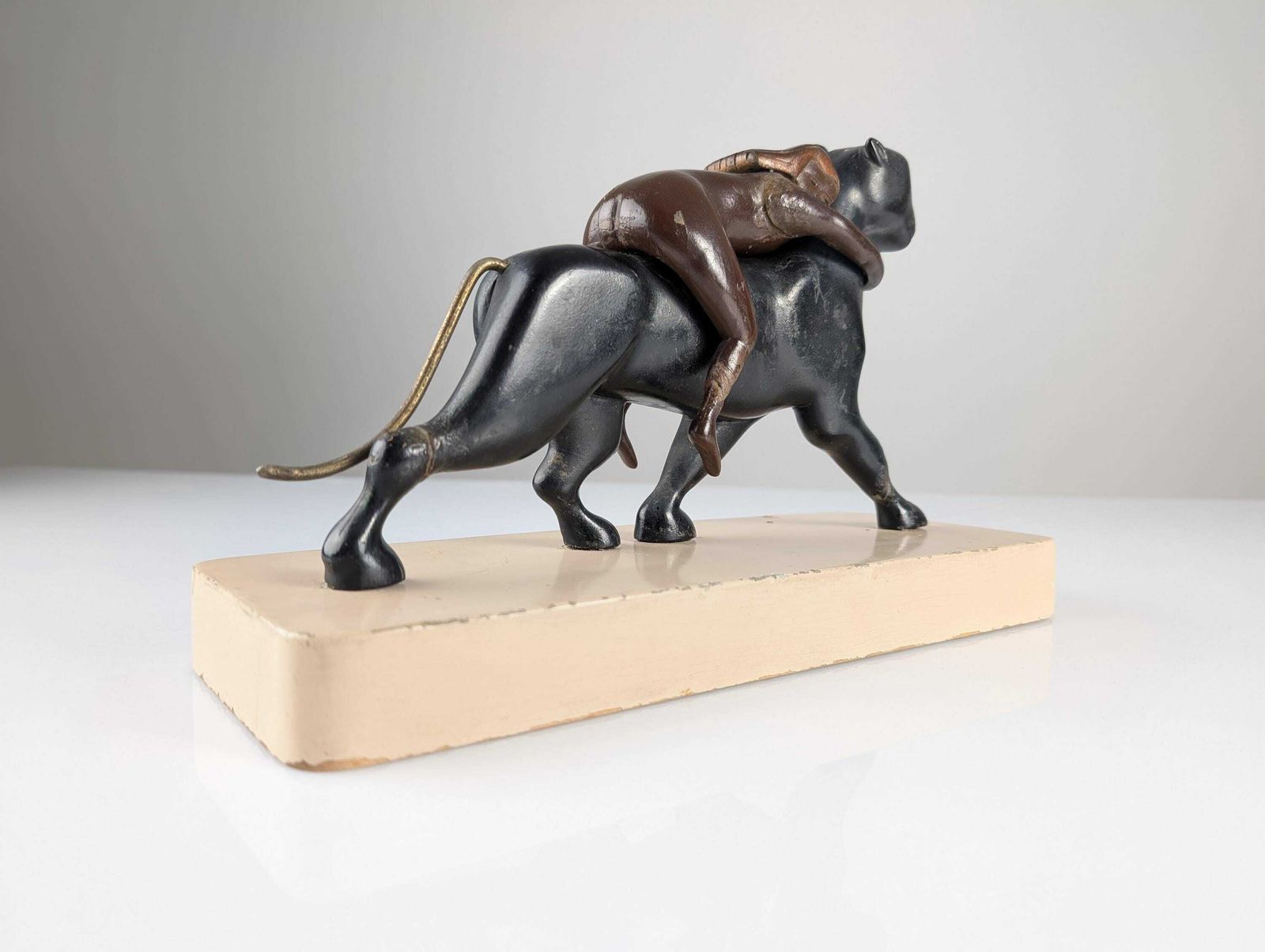 Ariadne And The Panther, Art Deco Sculpture In Wood And Brass 1920s photo vinterior