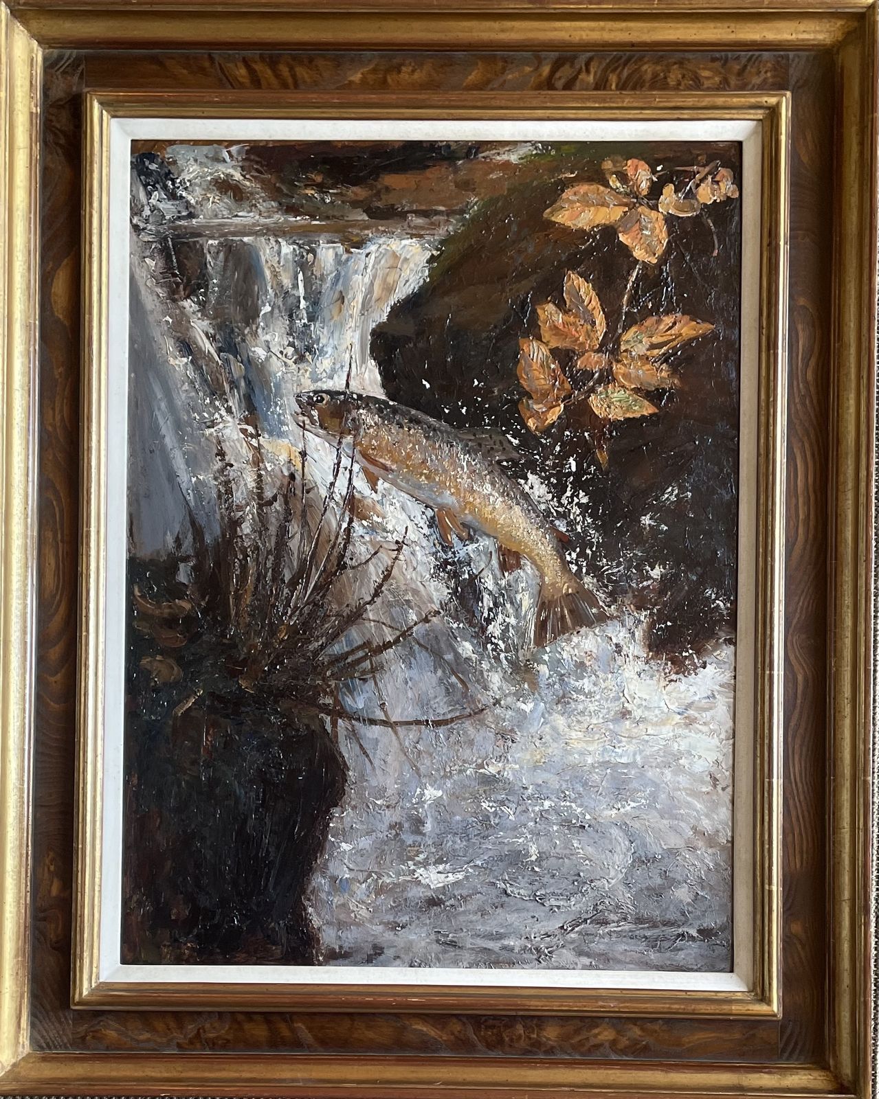 Arthur James Wetherall Burgess   Autumn Spate: Leaping Salmon   Early 20th Century British Oil Paintings