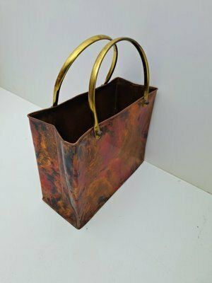 Mid Century Italian Enameled Copper Magazine Rack With Brass Handles, 1970s photo for sale