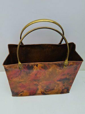Mid Century Italian Enameled Copper Magazine Rack With Brass Handles, 1970s photo Home Decor