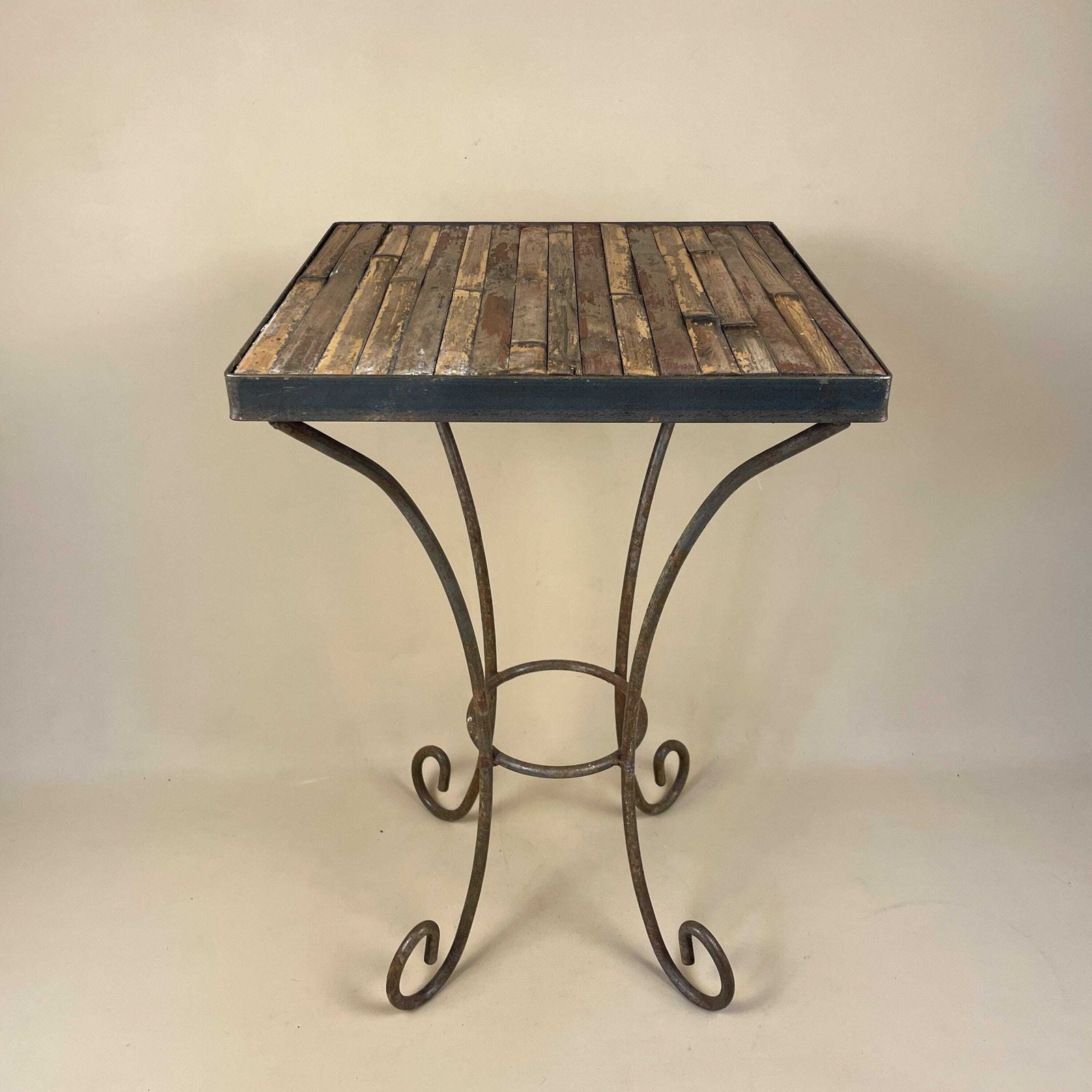 Bamboo Indoor / Outdoor Metal Base Coffee Table Vintage Boho Decorative Wood Glass Retro Brown Wood Wooden Square Antique Side photo vinterior
