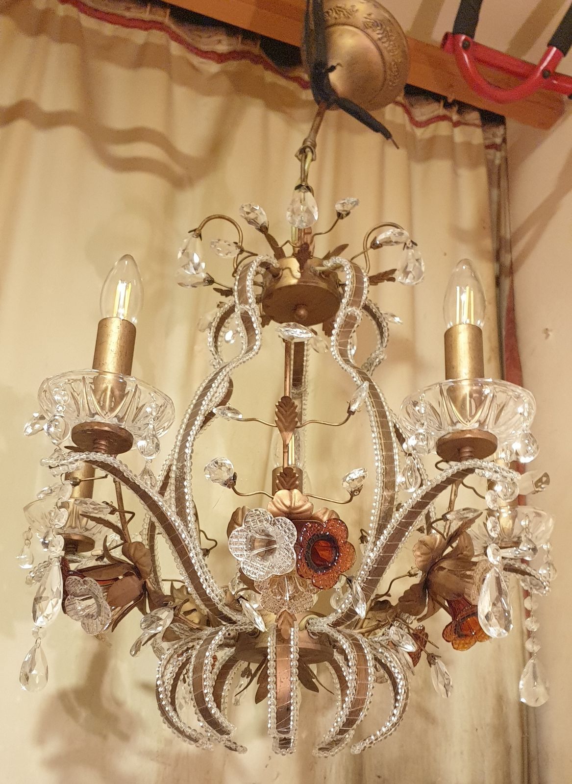 Exquisite Vintage Gold Leaf Tole Murano Crystal Beaded 6 Light Cage Chandelier  Circa 1950s photo furniture