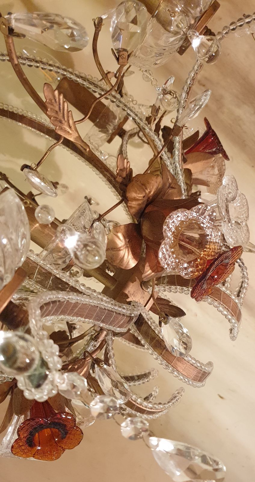 Exquisite Vintage Gold Leaf Tole Murano Crystal Beaded 6 Light Cage Chandelier  Circa 1950s photo for sale