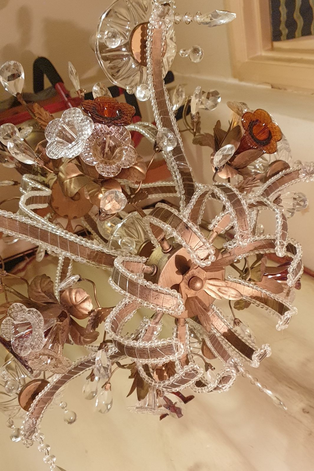 Exquisite Vintage Gold Leaf Tole Murano Crystal Beaded 6 Light Cage Chandelier  Circa 1950s photo buy