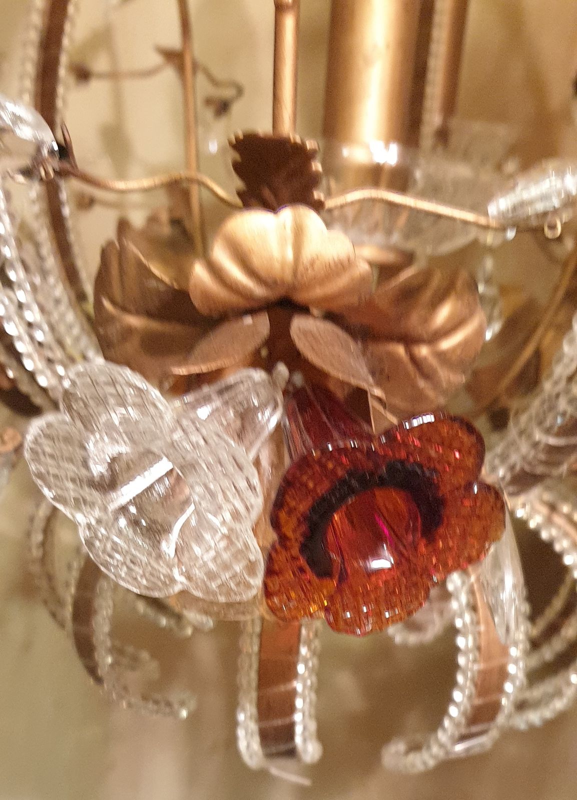 Exquisite Vintage Gold Leaf Tole Murano Crystal Beaded 6 Light Cage Chandelier  Circa 1950s photo 1350.0
