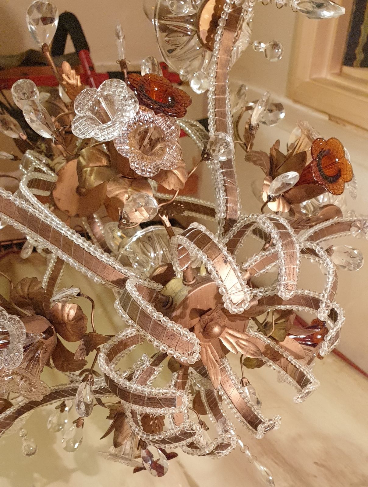 photo for sale Exquisite Vintage Gold Leaf Tole Murano Crystal Beaded 6 Light Cage Chandelier  Circa 1950s