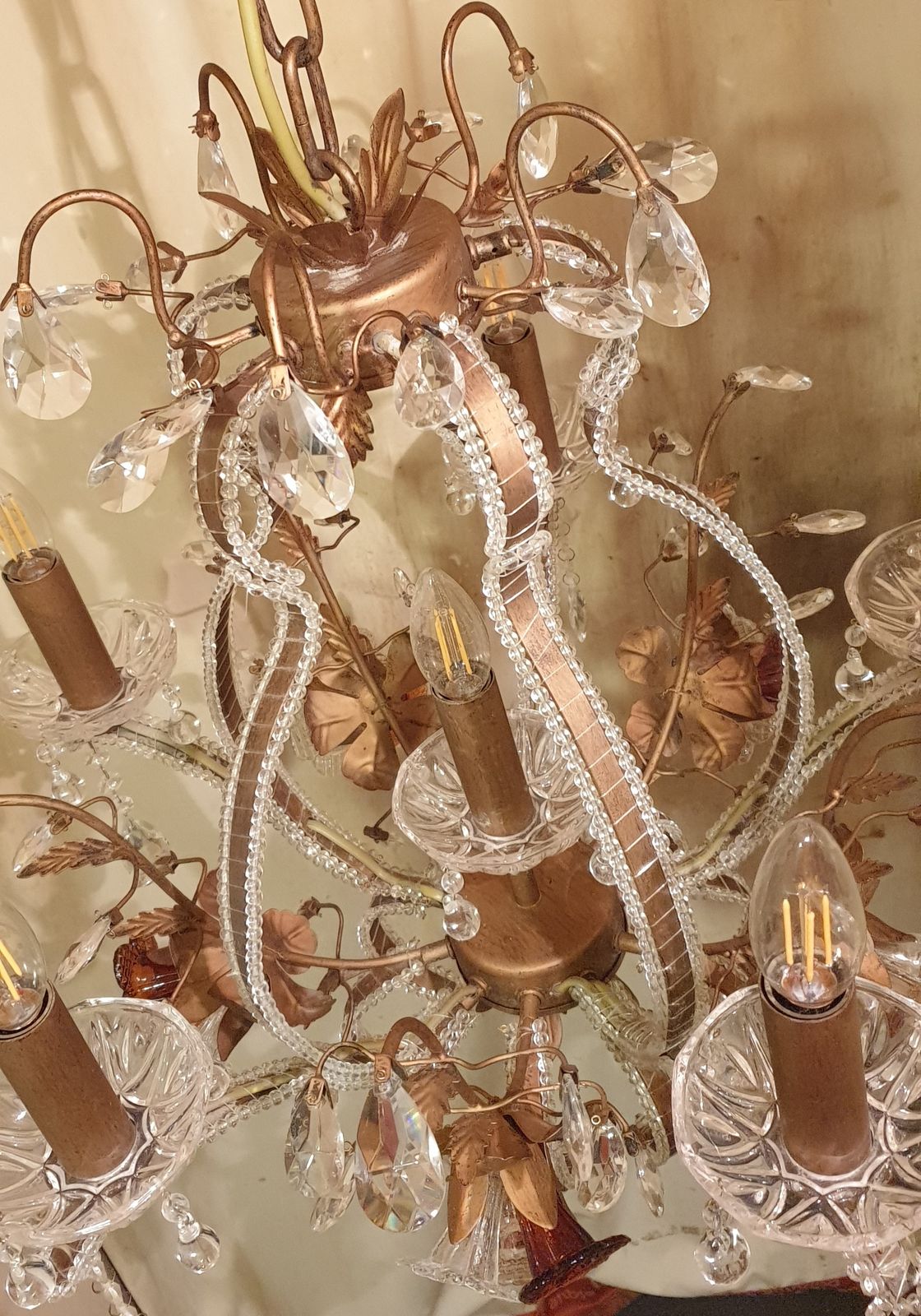 1350.0 Exquisite Vintage Gold Leaf Tole Murano Crystal Beaded 6 Light Cage Chandelier  Circa 1950s photo