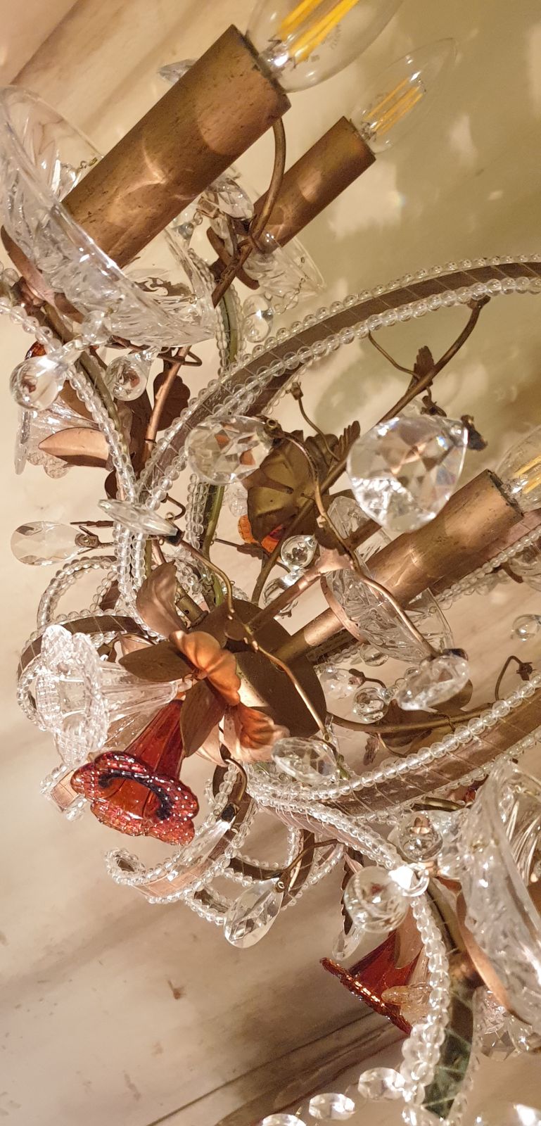 photo vinterior Exquisite Vintage Gold Leaf Tole Murano Crystal Beaded 6 Light Cage Chandelier  Circa 1950s