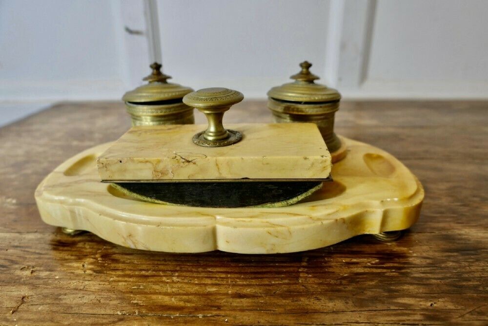 French Brass And Marble Desk Inkwell Stand photo furniture