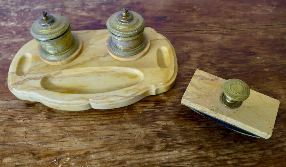 French Brass And Marble Desk Inkwell Stand photo for sale