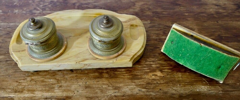French Brass And Marble Desk Inkwell Stand photo vinterior