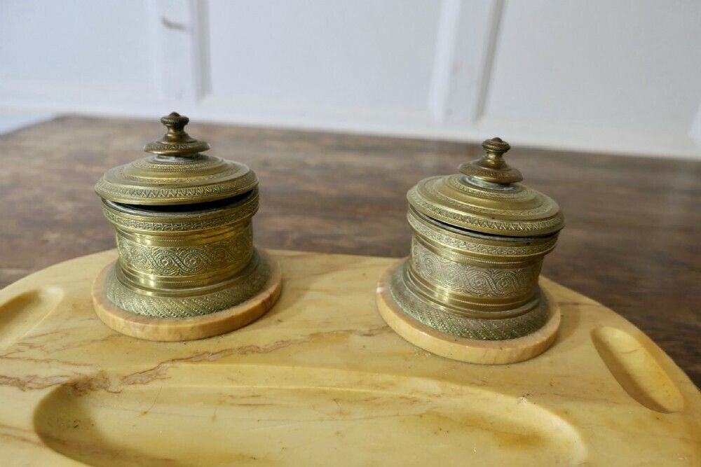 French Brass And Marble Desk Inkwell Stand photo buy