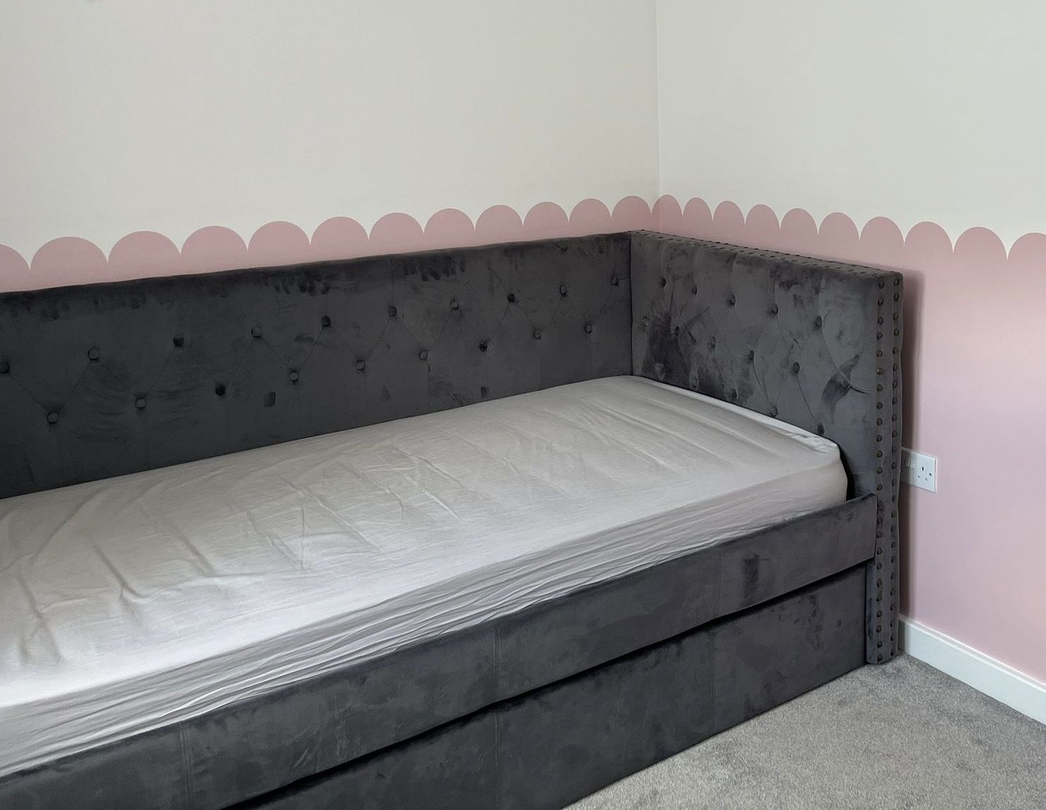Single Day Bed With Trundle In Dark Grey Velvet + 2 Single Mattresses.